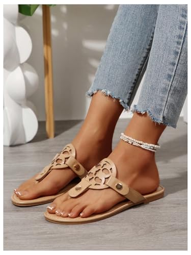 GORGLITTER Women's Leather Flat Flip Flops Sandals Open Toe Cut Out Studded Slide Shoes3