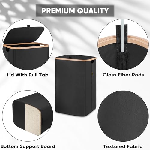 Image of BALEINE Laundry Hamper with Lid, Tall Laundry Baskets with Bamboo Pull Handles, Large Laundry Bin with Internal Support (26Gal /100L, Carbon Black)