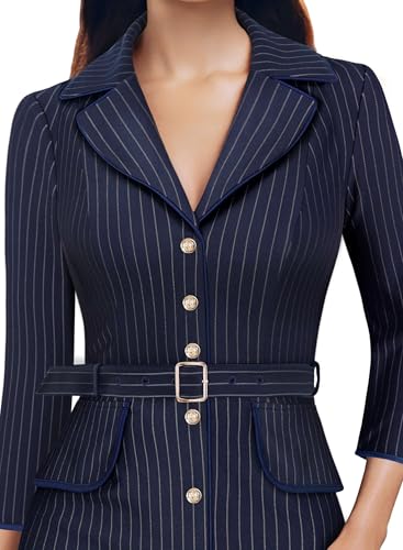 VFSHOW Womens Work Business Casual Office 3/4 Sleeve Belted Elegant Lapel V Neck Buttons Fitted Pencil Sheath Dress3