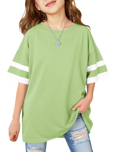 Image of Girls Oversized T Shirts Kids Summer Striped Short Sleeve Tops Casual Crewneck Tees 5-14 Years
