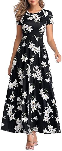 ZABERRY Womens Floral Maxi Dresses Summer Short Sleeve Round Neck Long Dress Lily Floral L