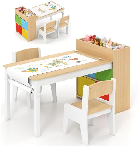 INFANS Kids Art Table and Chair Set, Toddler Craft Play Wood Activity Desk with Paper Roll 2 Chairs...