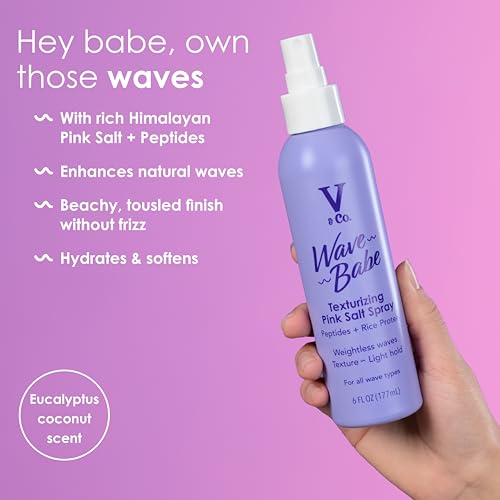 Image of V&Co. Beauty Wave Babe Texturizing Pink Salt Spray (2 Pack), Beach Wave Spray for Wavy Hair with Himalayan Pink Salt & Peptides, Texturizing & Volumizing Mist for Soft, Touchable Waves, 6 oz