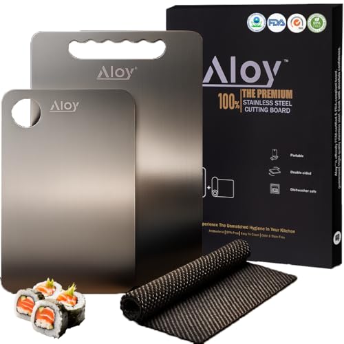 100% The Premium New SUS 316L Upgraded Stainless Steel Cutting Board Set, 2 PCS + Non-Slip Mat, Double Sided Non Toxic Pure SUS 316L Cutting Boards for chopping Meat.., Hygiene Durable Dishwasher Safe