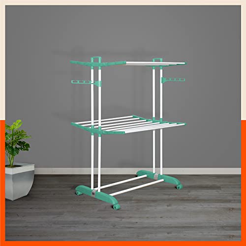 Image of Bathla 2 Level Modular Cloth Drying Stand with Wheels - Rustproof Portable Steel Laundry Rack (Teal - Medium) - Clothes Dryer for Balcony, Indoor & Outdoor Use