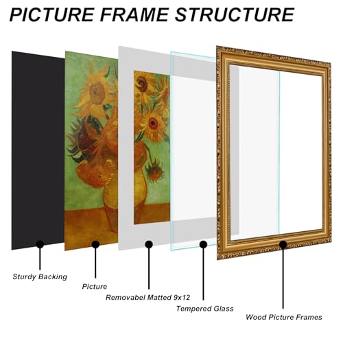 Image of Gold 11x14 Picture Frame with Mat Vintage Picture Frame Ornate | Wood, Real Glass, Matted 9x12 or 11 x 14 Photos, Easy Photo Changes, Wall Hanging