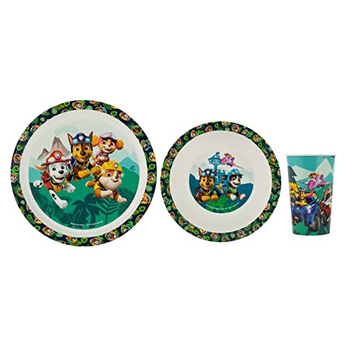 PAW PATROL P:os 34824 - Dino Rescue Frühstücksset, 3-teiliges Geschirrset mit Teller, Schüssel und Trinkbecher, Kindergeschirr aus Kunststoff, spülmaschinen-/mikrowellengeeignet