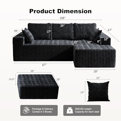 Image of Modular Sectional Sofa Couches L-Shape Couch 3 Seat Modular Sofa Memory Foam Sectional Couches for Living Room (Black, 108 inch+Right Chaise + Ottoman)