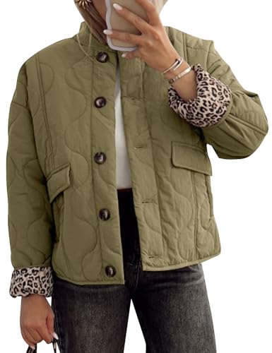 Kissonic Womens Quilted Lightweight Jackets Button Down Puffer Jacket Leopard Lined Bomber Coat with Pockets