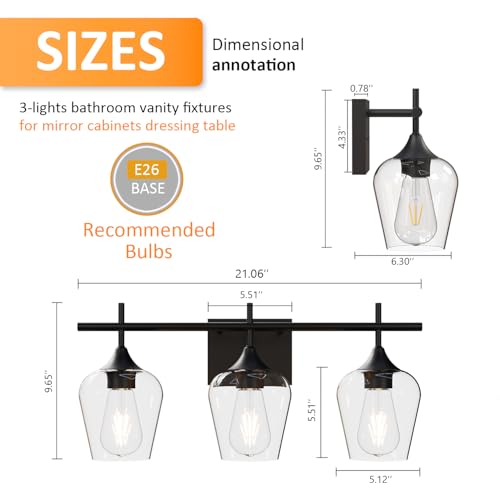 Image of Bathroom Vanity Light, 3-Light 21'' Bathroom Light Fixtures Over Mirror, Black Vanity Lights for Bathroom with Clear Glass, Modern Wall Lamp for Cabinet Hallway, Bedroom