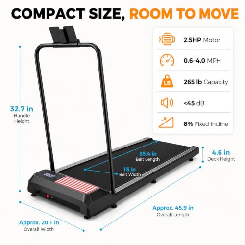 Image of Walking Pad Treadmill with Handle Bar, 8% Incline Under Desk Treadmill | 2.5HP Quiet Motor, 265 lb Capacity, 0.6-4 MPH Speed, 15 x 35.4 in Belt, Compact for Home Office and Small Spaces