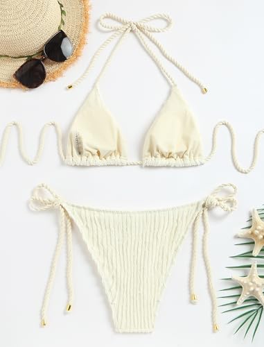 Image of ZAFUL 2 Piece Triangle Bikini for Women Knitted Rope Halter Bikini Sets Sexy Bathing Suit Side Tie Swimsuits Beachwear