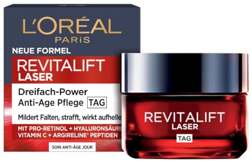 L'Oréal Paris Anti-Aging Tagescreme mit Dreichfachpower für Frauen, mit Pro-Retinol, Hyaluronsäure und Vitamin C – gegen Falten, straffende Feuchtigkeitspflege, Revitalift Laser 1 x 50ml