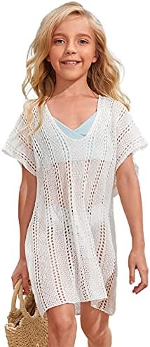 SOLY HUX Girl's Spaghetti Strap Split Hem Crochet Beach Swimsuit Bikini Cover Up White Plain 150