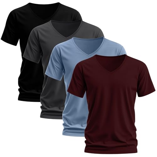 Huukeay 4 Pack Men's V Neck Cotton T Shirts M-7XL Regular Big and Tall Short Sleeve Tee 2025 Summer Clothing2