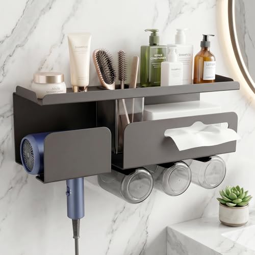 TIMBERHIDE Hair Dryer Holder Wall Mount Metal,Adhesive/Drilling Bathroom Organizer with Shelf,Tissue Box&3 Free Cups,Rustproof Rack for Hair Styling Tools&Toothbrush,Grey