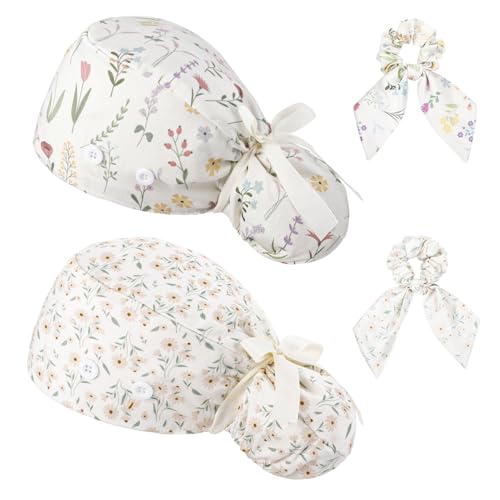 Zhamate 2 Pack Scrub Caps Women Nurse Surgical Hat with Buttons Adjustable Bouffant Hats Working Cap with Bow Hair Scrunchy Ponytail Holder, Flower