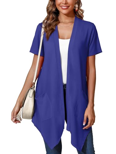 Image of Women's Lightweight Open Front Cardigans Short Sleeve Casual Soft Sheer Cardigan S-2XL with Pockets