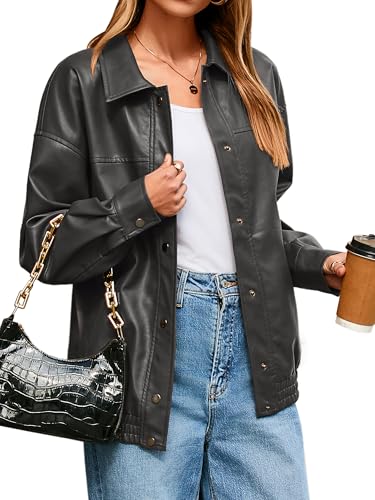 Glamaker Womens Oversized Faux Leather Jacket Fall Outfits Button Down Motorcycle Bomber Jackets Fashion Winter Coat Dark Grey S