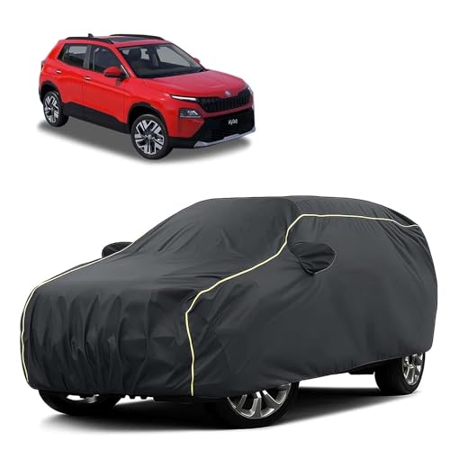 Image of Sulfar 100% Water Resistant Car Body Cover Compatible with Mirror for Skoda Kylaq (Triple Stitched, Full Bottom Elastic, Dark Grey Tafetta with Yellow Piping)