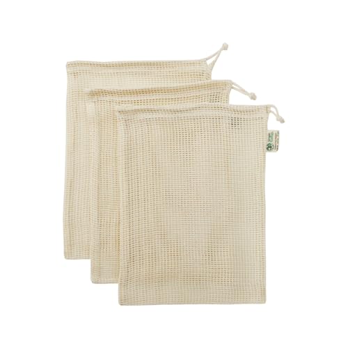 Simple Ecology Reusable Produce Shopping and Storage Bags, Drawstring, Washable Organic Cotton Mesh, Medium 3 pack