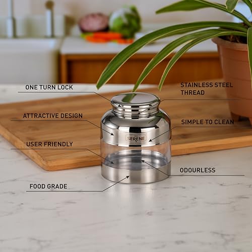 Image of Serene Stainless Steel Exotic See-Through Jar | Airtight Jars for Kitchen Storage | Premium Steel Jars with One Turn Lock Lid | Transparent Stainless Steel Containers | 400ML | 6 PC