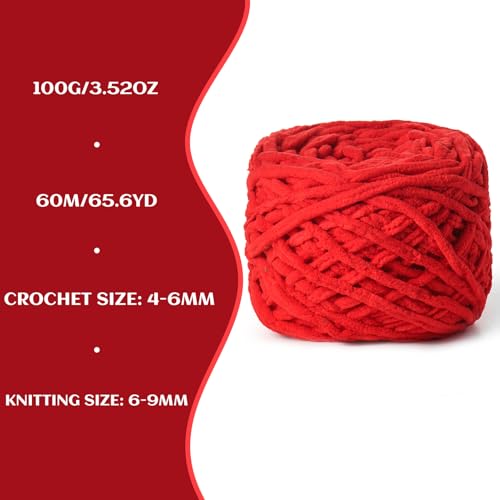 Image of 3 Pack Fluffy Chenille Chunky Yarn for Crocheting 100g(65.6yd) - Baby Yarn for Crocheting Soft - Velvet Yarns for Crochet Blanket - Amigurumi Crochet Yarns (Red)