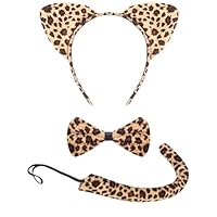 Lizzy Leopard Animal Ears Headband Set | Hair Band Headwear for Kids & Adults | World Book Day, Role Play, Cosplay, Fancy Dress, Halloween (Ears Headband + Tail + Bow)