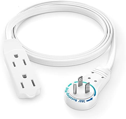 Maximm Cable 3 Ft 360° Rotating Flat Plug Extension Cord / Wire, 16 AWG Multi 3 Outlet Extension Wire, 3 Prong Grounded Wire - White - UL Certified