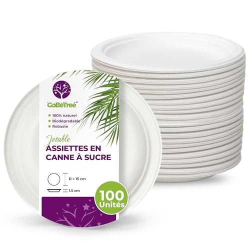 GoBeTree 100 assiettes jetables rondes en bagasse de canne à sucre blanches de 15 cm. Assiettes en papier jetables extra-résistantes, pour camping,...