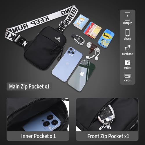 Peicees Small Crossbody Bag for Men Women Mini Sling Bag Travel Running Phone Daypack Cross Body Shoulder Bags with Keyholder, Black and Black4