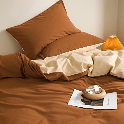 Jyhoney Burnt Orange Duvet Cover Set Queen Size Caramel Pumpkin Reversible Beige Bedding Set Modern Minimalist Style Rust Solid Color Duvet Covers Soft Microfiber Double Bed Comforter Covers,3Pcs #TOP3
