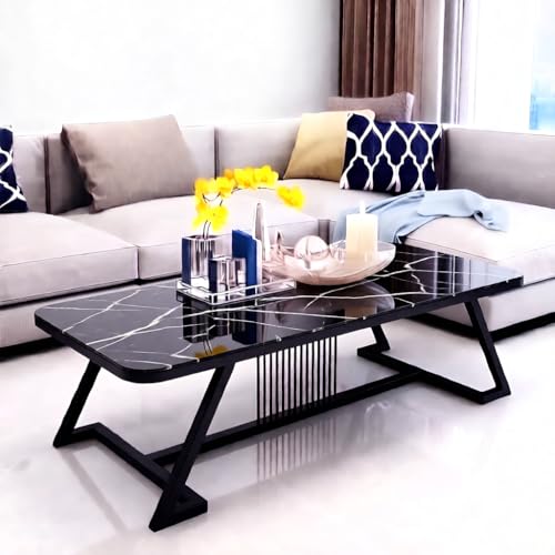 Image of Modern Rectangular Marble-Like Top Coffee Table with Metal Base for Living Room | Luxury Sofa Center & Tea Table for Home & Office | Easy DIY Assembly (90 x 48 x 48 cm) (Black)