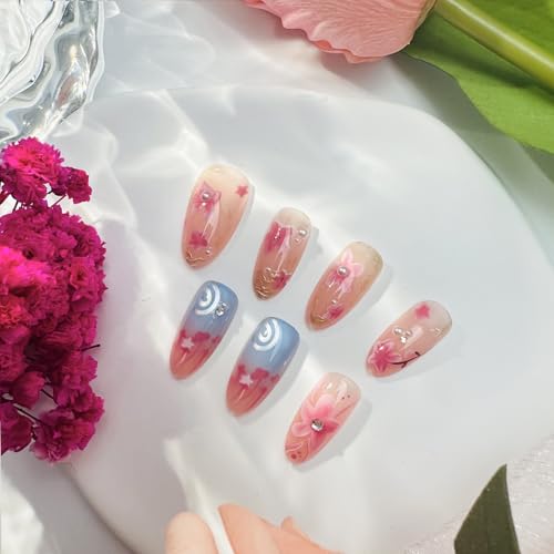 30Pcs Summer Almond Press on Nails with Cherry Blossom Pearl Rhinestones Gold French Tips Reusable Fake Nails for Wedding Party, Flowers Nail Art Set, DIY Long Pink Acrylic False Nails for Daily Wear - Image 7