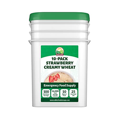 Image of Valley Food Storage Freeze Dried Strawberry Creamy Wheat | 10-Bag Bucket, 100 Servings | Premium Emergency Food Supply, 25 Year Shelf Life | Survival Breakfast Food for Prepper Storage & Camping