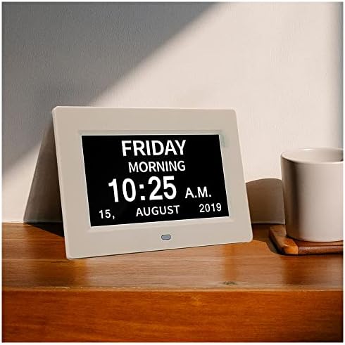 3 Colors Extra Large Impaired Vision Digital Clock with Day and Date for Elderly Calendar Day Clock Auto Dimmable Clock with Non-Abbreviated Year & Month Alarm Clock (7 inch White)