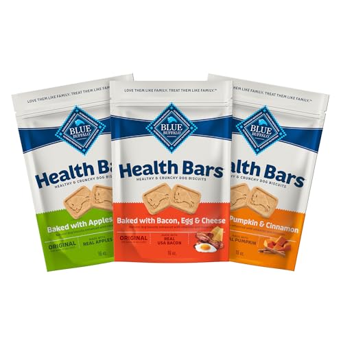 Blue Buffalo Health Bars Crunchy Dog Biscuits, Variety Pack, Bacon, Egg & Cheese, Apple & Yogurt, Pumpkin & Cinnamon, 16-oz. Bags