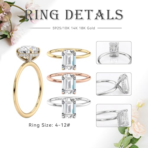 Emerald Cut Moissanite Engagement Ring for Women, 10K 14K 18K Solid Gold 1-3 Carat CT Moissanite/Lab Created Diamond Wedding Rings Promise Ring Christmas Jewelry Gift for Her Size 4-124