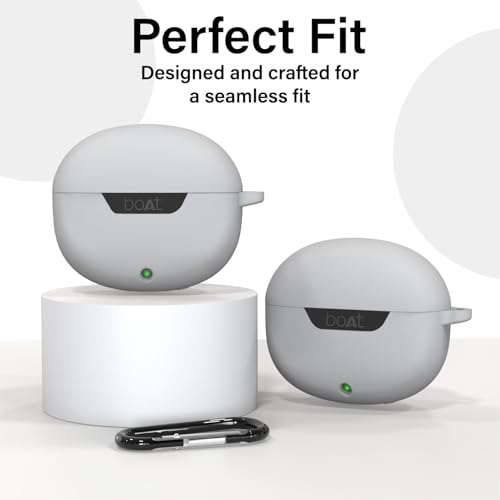 Image of Sounce Earphone Case Cover for Boat Airdopes 300 Premium TWS Soft Silicone Skin Case Cover Shock Absorbing Protective Case with Keychain [Front LED Visible] - Grey