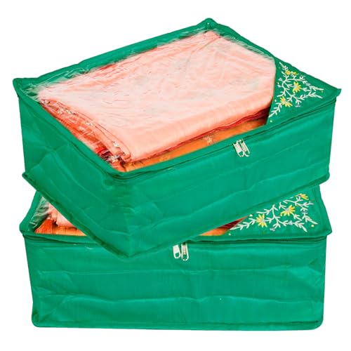 Image of Kuber Industries Saree Cover with Zip Closure | Clothes Storage Bag for Wardrobe Organiser | Transparent Top Saree Cover | Side Embroidery-Design | 9 inch | Pack of 2 | Green