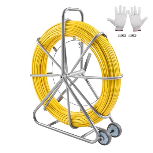 VEVOR Aiguille Électricien 200 m Tire Fils Électrique Fibre de Verre avec Support Acier, 3 Têtes de Tirage, Outil d'Extraction de Câble Flexible 8 mm, pour...