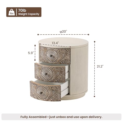 Image of HOMPUS Round End Table with Carved Floral Pattern, Vintage Nightstand w 3 Storage Drawers, Modern 3 Drawer Dresser, Wood Retro Accent End Table for Living Room, Bedroom, Distress White
