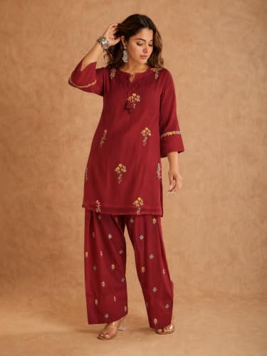 Image of ANNI Designer Farshi Salwar Suit for Women Viscose Embroidered | Co Ord Set for Woman | Straight Kurta Palazzo Outfit Round Neck V Slit 3 /4 Sleeve Ethnic Dress Womens Clothing