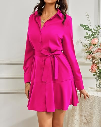 Image of Women's Long Sleeve Button Up Midi Belt Shift Collar Dress with Pockets for Work Office Business