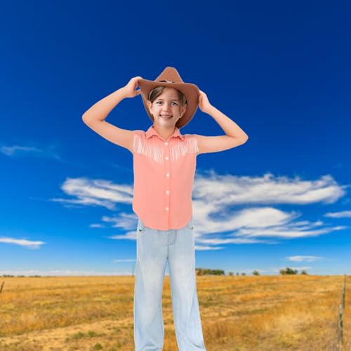 Girls Kids Fringe Vest Sleeveless Western Cowgirl Tassel Trim Casual Blouse Button Down Tassel Vest Shirt Top 5-13Years4