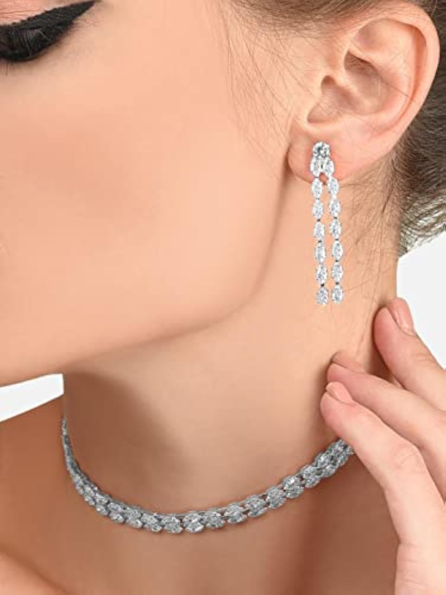 Silver Tone Marquise Cubic Zirconia Necklace and Earring Set