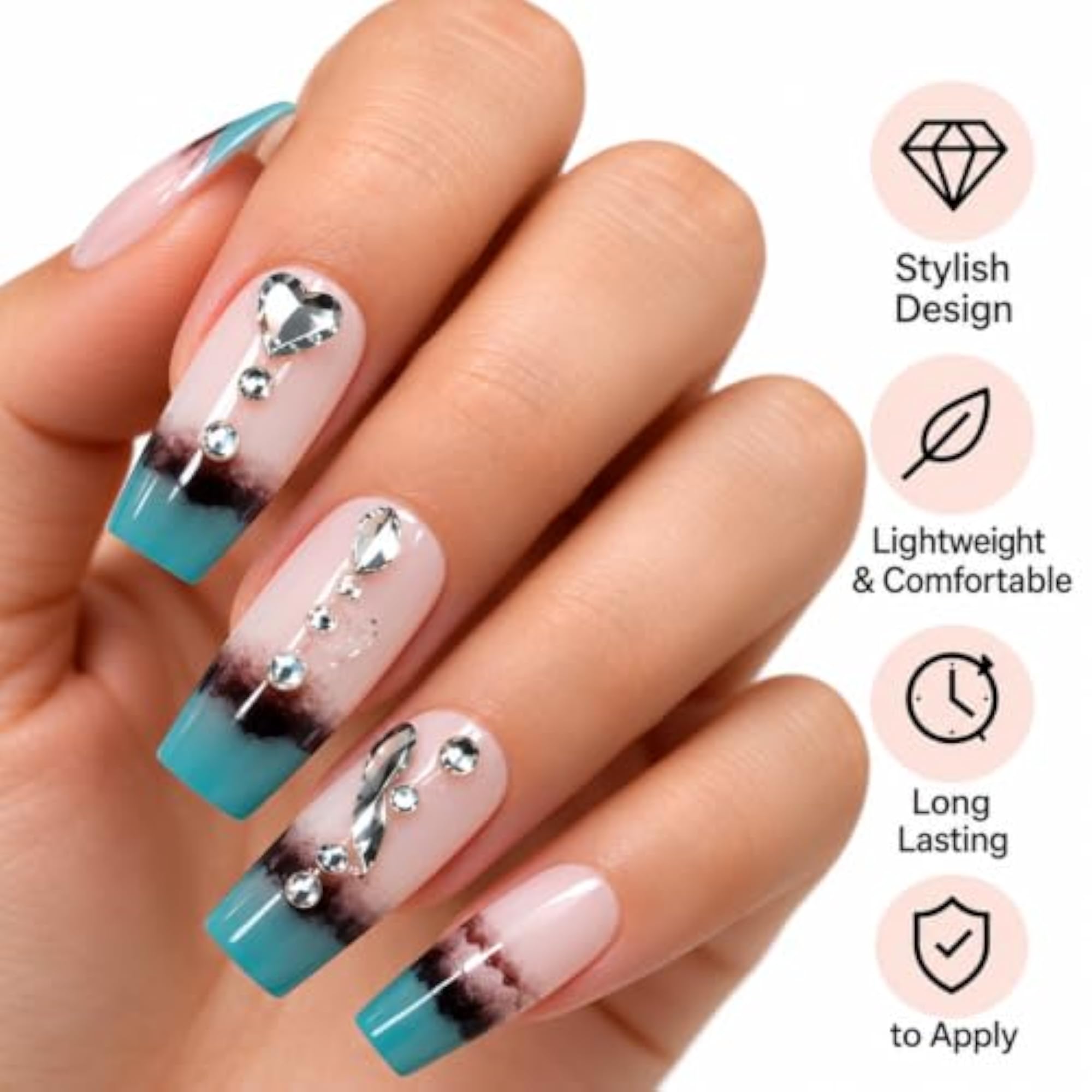Press-on Nails, Long Coffin Shape, Teal Ombre with Rhinestones