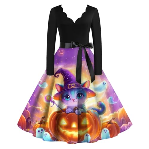 OIOLOYJM Sexy Plus Size Halloween Costumes Woman 2025 Long Sleeve V Neck Printed Gothic Retro Formal Party Dresses for Women