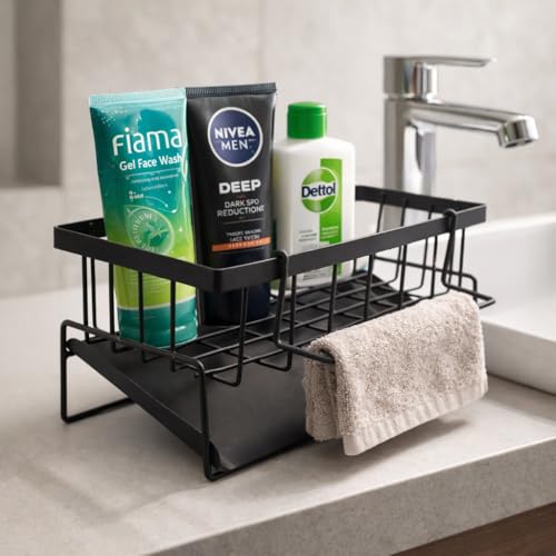 Image of Metal Sponge Holder for Kitchen Sink - Auto-Draining Sink Organizer Caddy with Soap Tray, Dish Brush & Towel-Bar Holder, Kitchen Storage Rack (MATTE BLACK)