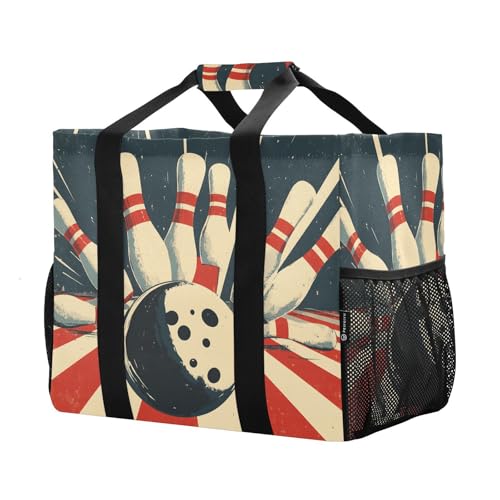 Large Waterproof Travel Tote Bag for Women Men, Vintage Bowling Ball Canvas Beach Bag with Lining & Pockets - Reusable Grocery/Laundry/Kitchen/Pool/Picnic Tote (15.4x9.8x12.8in)2